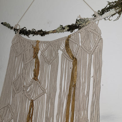 Recycled silk with Moss Branch Macrame Yarn Wall Hanging