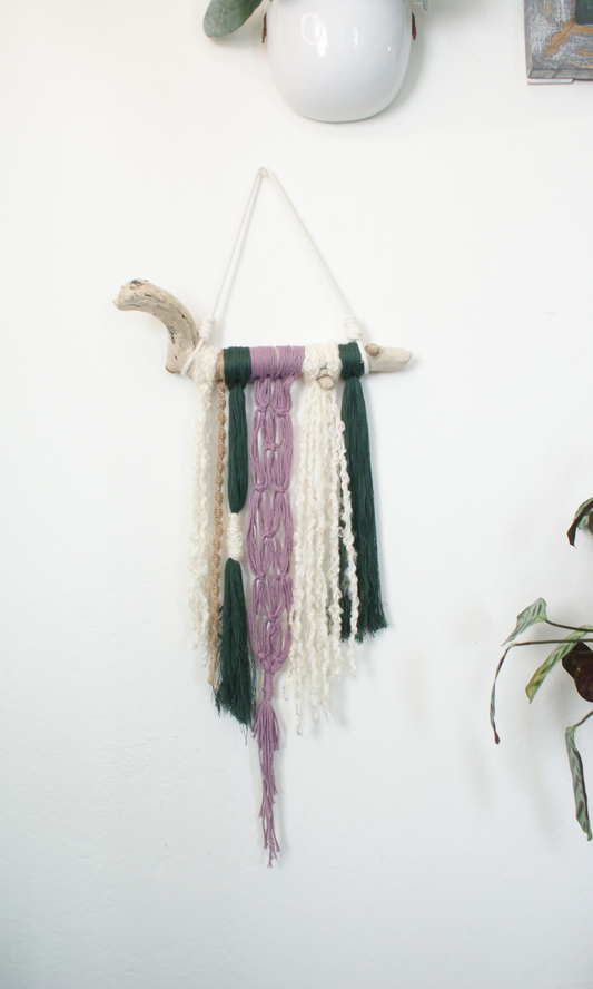 Lavender Tassle Macrame Wall Art on Driftwood