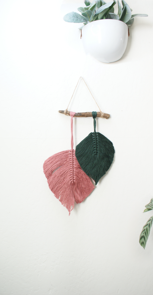 Dual-Tone Macrame Leaf Wall Hanging on Driftwood